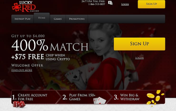 A view of the main entry screen on Lucky Red, one of the best quick withdrawal online casinos. 